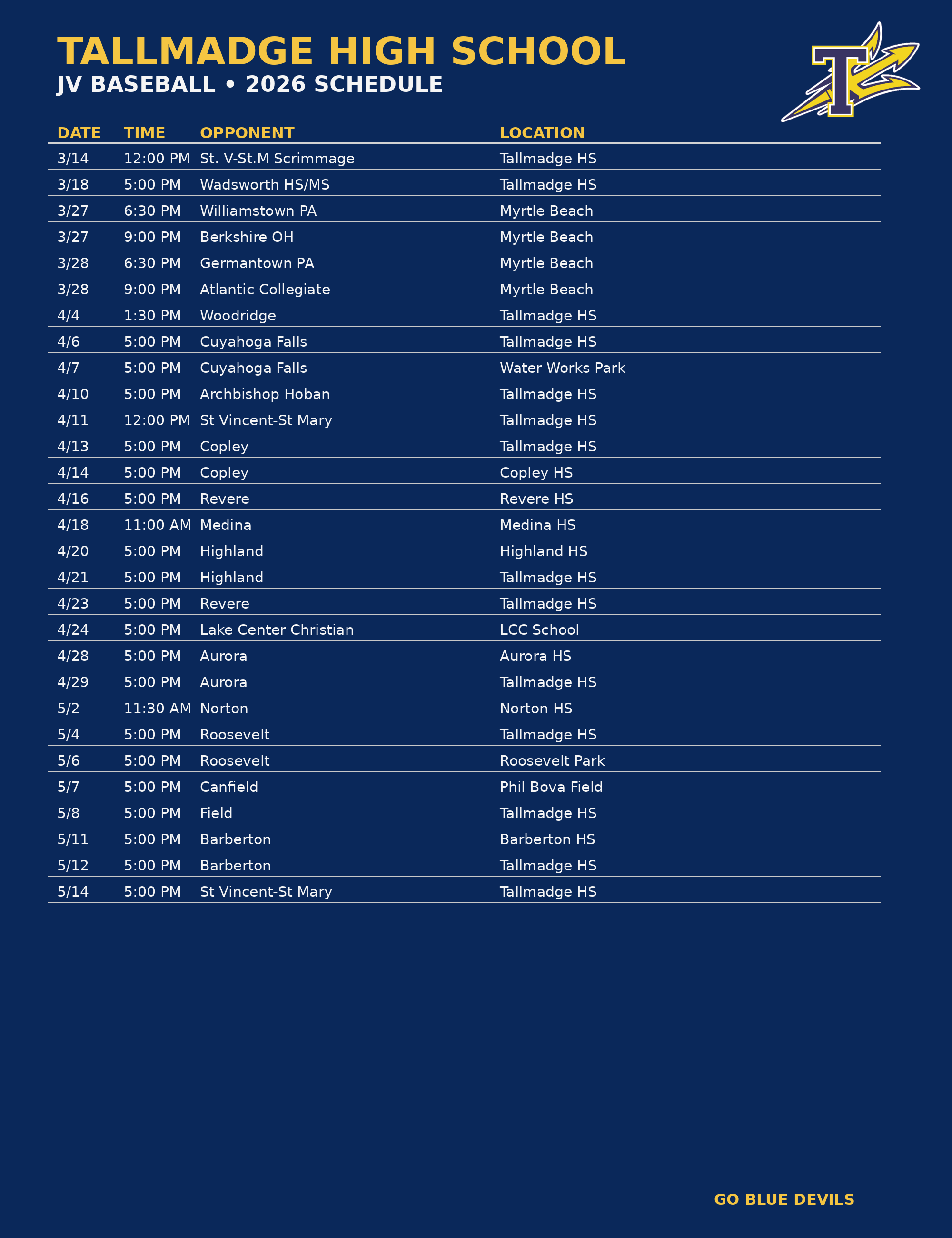 Tallmadge JV Baseball 2026 Single Column Logo
